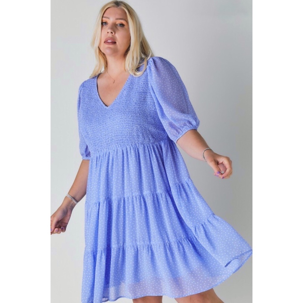 Davi & Dani Blue Polka Dot V Neck Short Sleeve Tiered Midi Dress - Picture 7 of 9